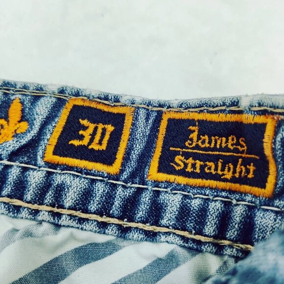 Mens Rock Revival JAMES Straight Jeans Leather Inserts Flap Pockets 30x28 - Picture 8 of 16